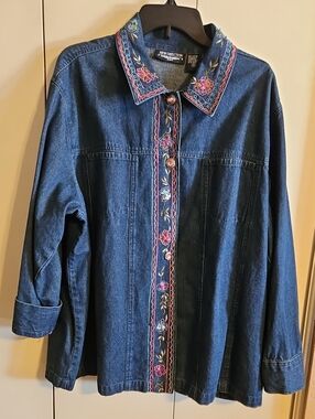 New Direction Embroidered Denim Button-Front Jacket - Blue with Pink Floral Trim